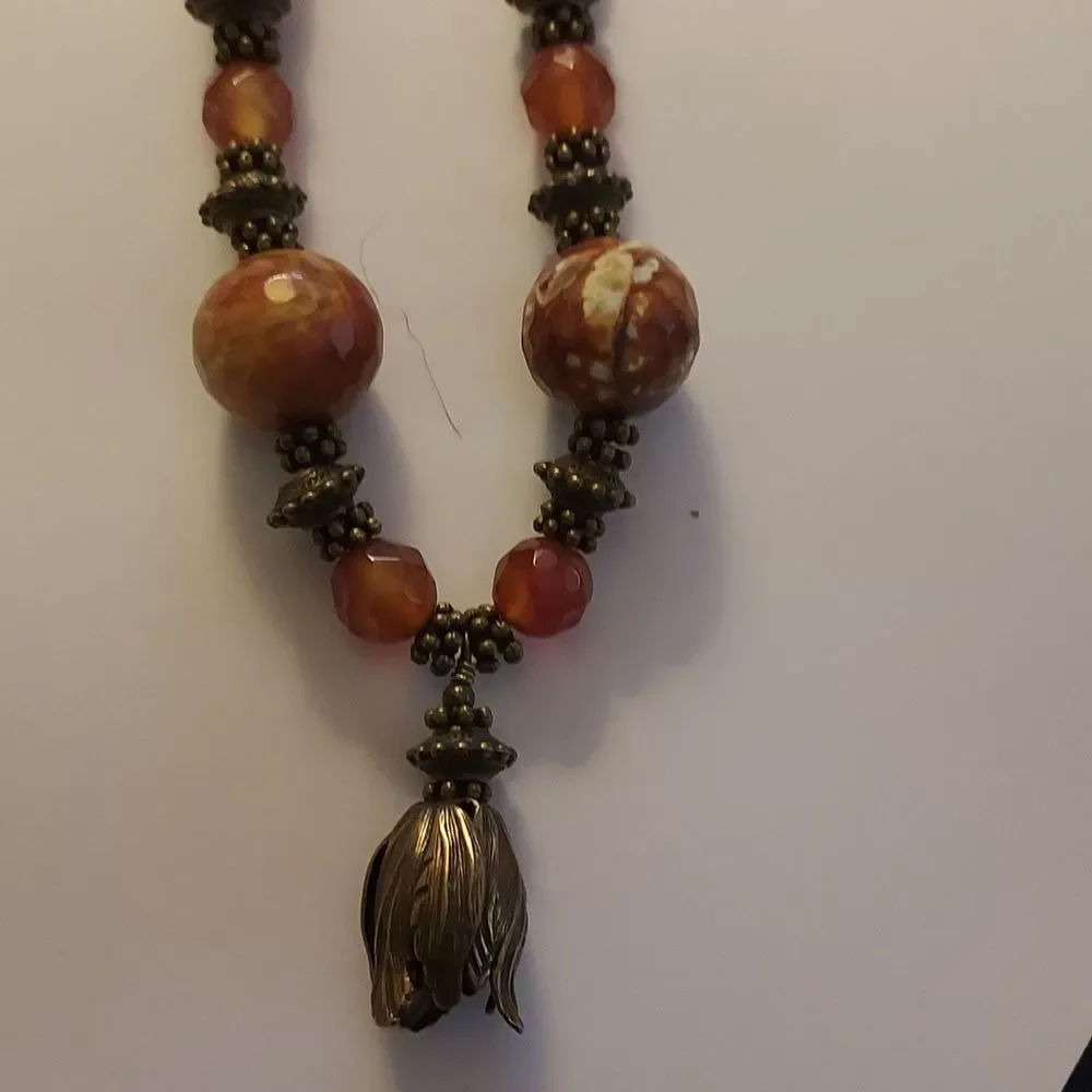 Handmade boho necklace beaded rust brown and bronze collar charm pendant